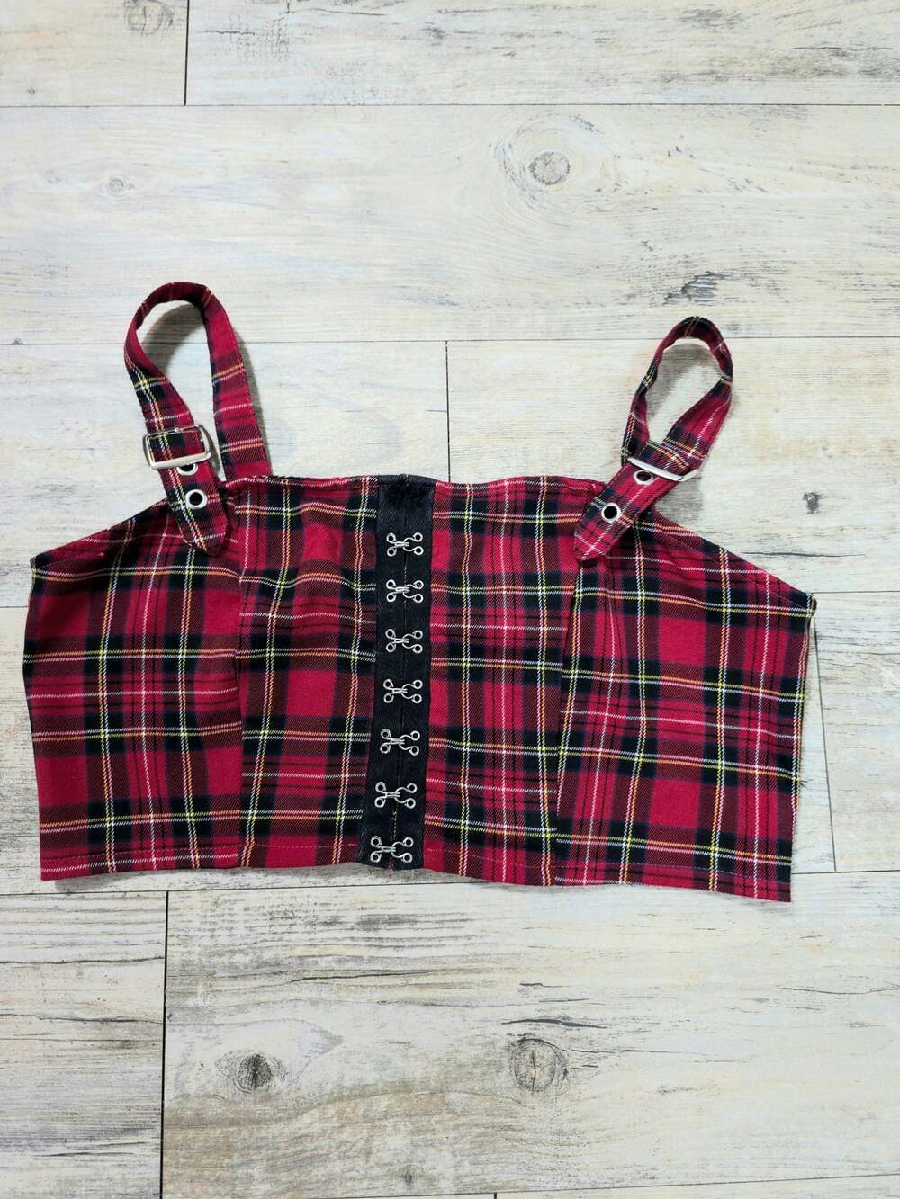 Social Collision Red Plaid Hook-and-Eye Buckle Strap Crop Top
